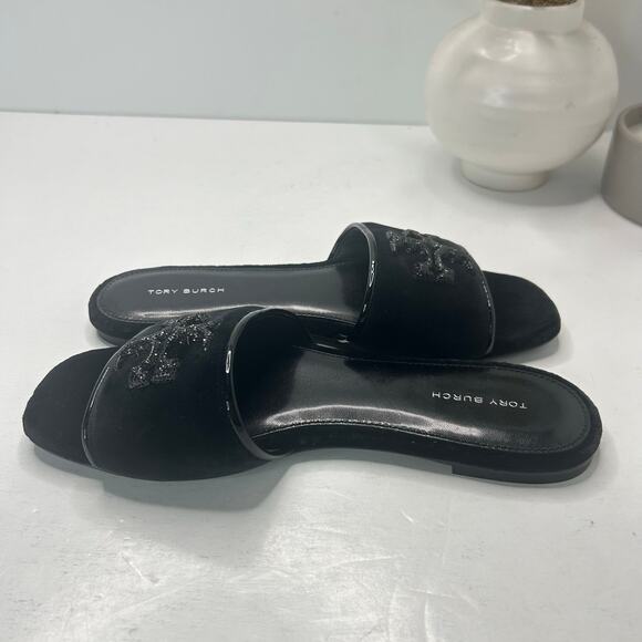 Tory Burch Eleanor Pave Slides Slip On Velvet Sandal Black Women's US 8 M NWOB - Picture 7 of 9